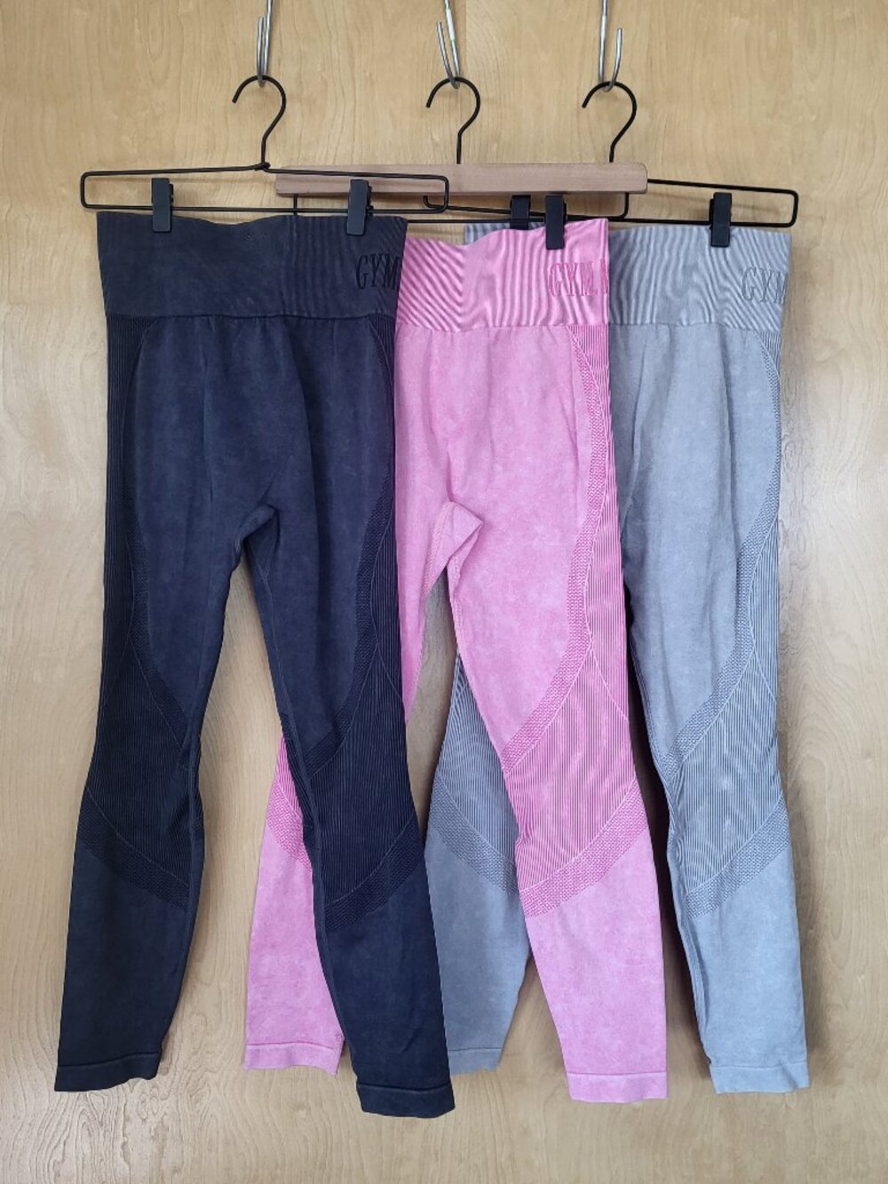 Gym Minute Set of 3 High Waist Yoga Pants Leggings Black Pink Gray Size Large